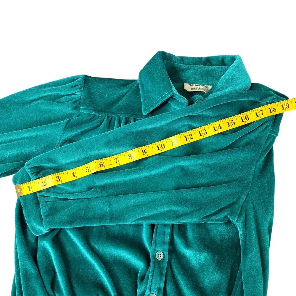 Vintage Fashion Bug 70/80's Teal Velour Button Up Top Ribbed Band 3/4 Sleeve Med - Picture 9 of 10